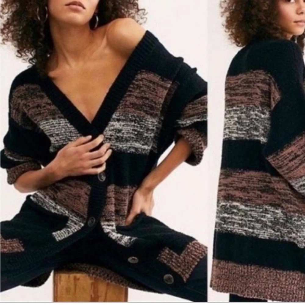 FREE PEOPLE SOUTHPORT BEACH WIDE STRIPE CARDIGAN BLACK COMBO SMALL MEDIUM